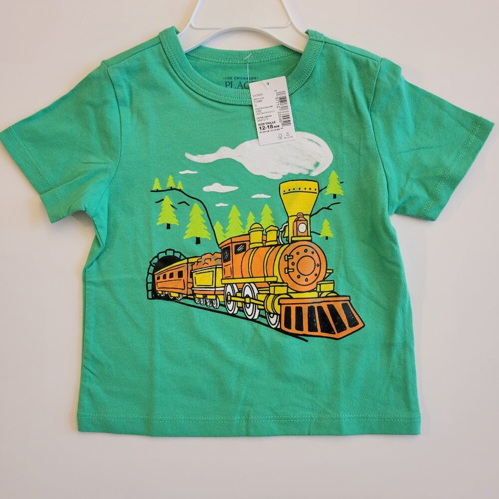NEW Children's Place Short Sleeve Green Graphic Tee - Train - Boys Size 12-18mth